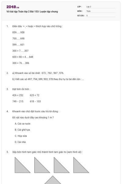 Vở bài tập Toán lớp 2 Bài 153: Luyện tập chung