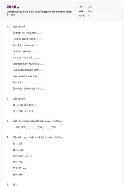 Vở bài tập Toán lớp 2 Bài 155: Ôn tập về các số trong phạm vi 1000