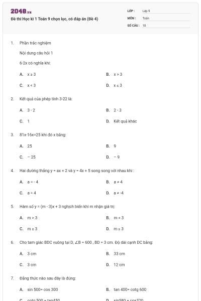 Đề thi Học kì 1 Toán 9 chọn lọc, có đáp án (Đề 4)