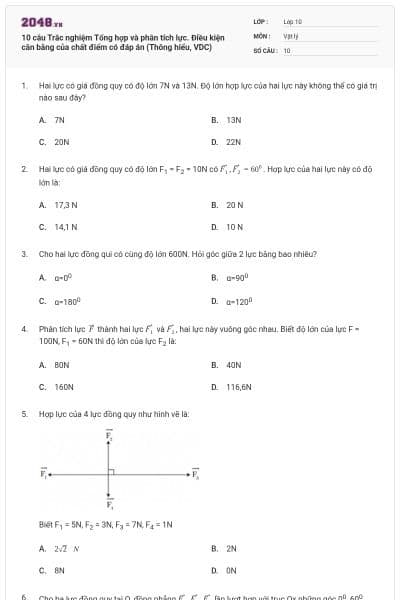 10 câu Trắc nghiệm Tổng hợp và phân tích lực. Điều kiện cân bằng của chất điểm có đáp án (Thông hiểu, VDC)