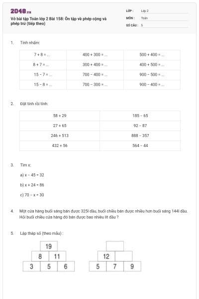 Vở bài tập Toán lớp 2 Bài 158: Ôn tập về phép cộng và phép trừ (tiếp theo)