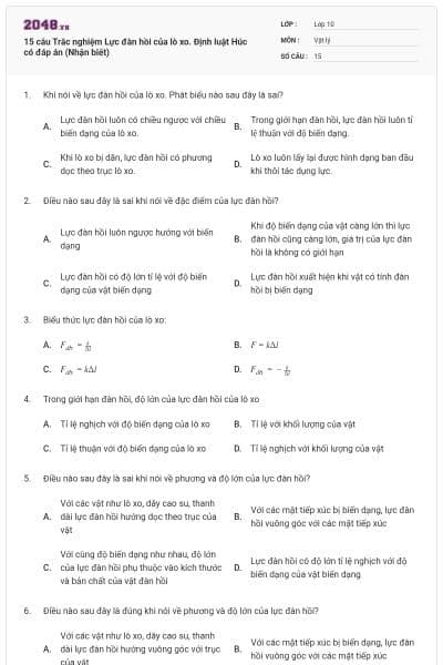 15 câu  Trắc nghiệm Lực đàn hồi của lò xo. Định luật Húc có đáp án (Nhận biết)