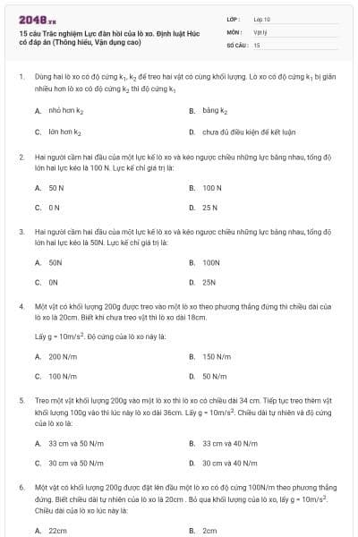 15 câu  Trắc nghiệm Lực đàn hồi của lò xo. Định luật Húc có đáp án (Thông hiểu, Vận dụng cao)