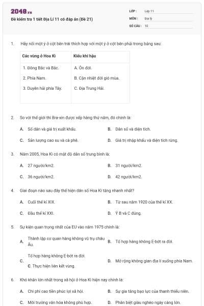 Đề kiểm tra 1 tiết Địa Lí 11 có đáp án (Đề 21)