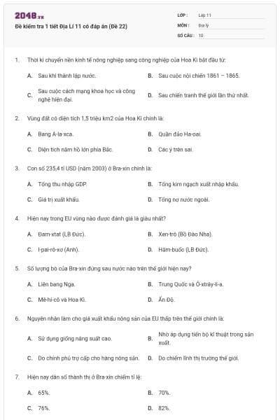 Đề kiểm tra 1 tiết Địa Lí 11 có đáp án (Đề 22)