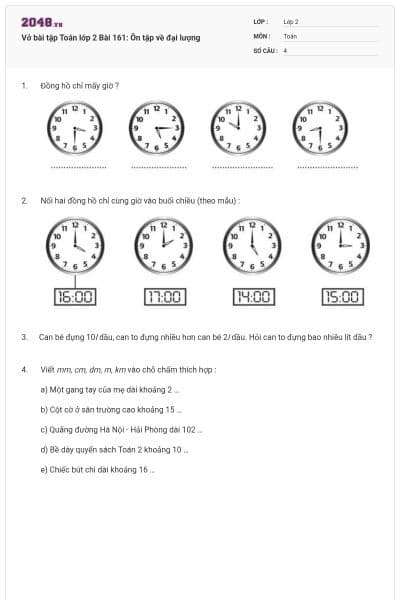 Vở bài tập Toán lớp 2 Bài 161: Ôn tập về đại lượng
