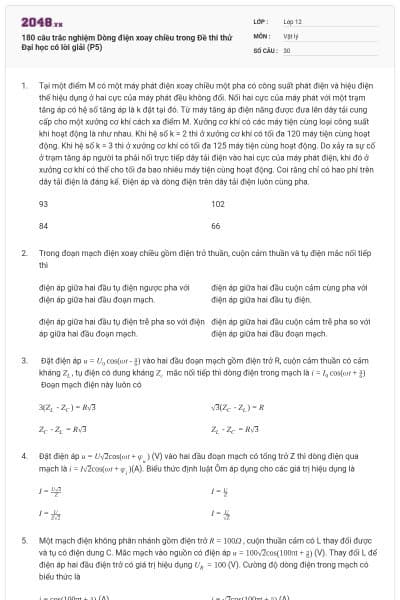 180 câu trắc nghiệm Dòng điện xoay chiều trong Đề thi thử Đại học có lời giải (P5)