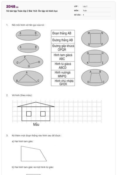 Vở bài tập Toán lớp 2 Bài 163: Ôn tập về hình học