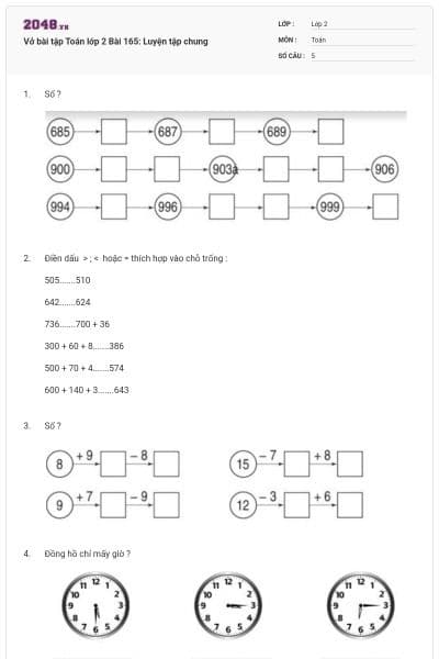 Vở bài tập Toán lớp 2 Bài 165: Luyện tập chung
