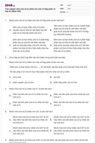 Trắc nghiệm Chia một số tự nhiên cho một số thập phân có đáp án (Nhận biết)