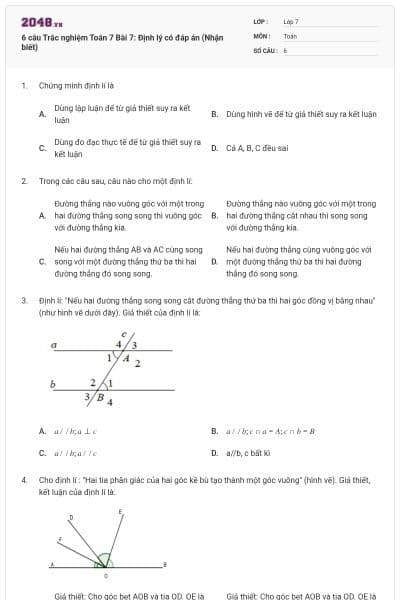 6 câu Trắc nghiệm Toán 7 Bài 7: Định lý có đáp án (Nhận biết)