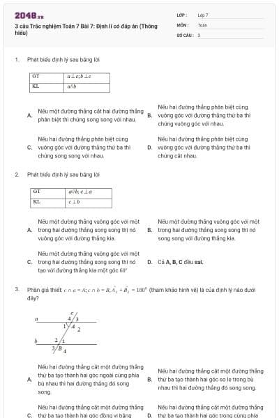 3 câu Trắc nghiệm Toán 7 Bài 7: Định lí có đáp án (Thông hiểu)