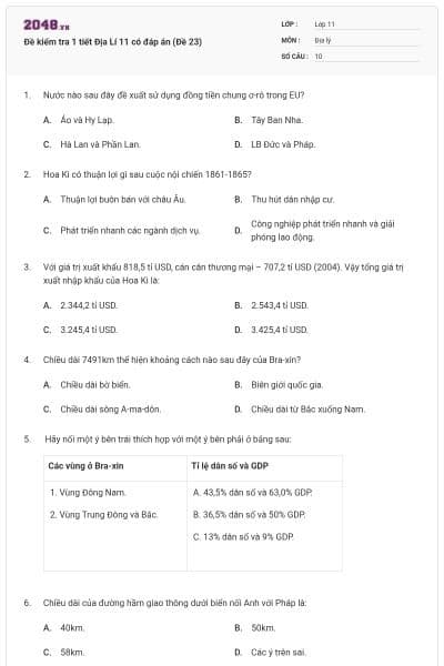 Đề kiểm tra 1 tiết Địa Lí 11 có đáp án (Đề 23)