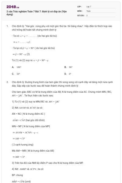 2 câu Trắc nghiệm Toán 7 Bài 7: Định lý có đáp án (Vận dụng)