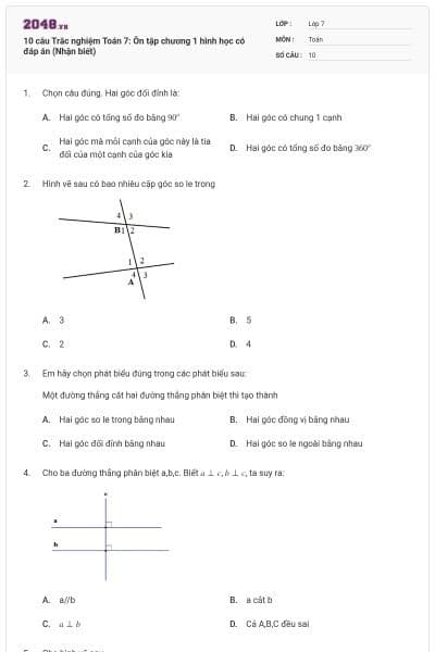 10 câu Trắc nghiệm Toán 7: Ôn tập chương 1 hình học có đáp án (Nhận biết)