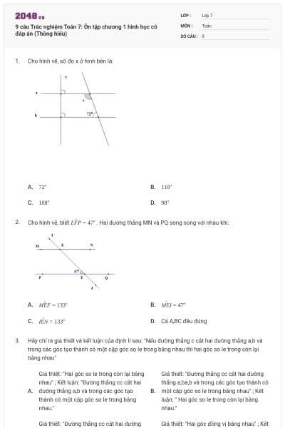 9 câu Trắc nghiệm Toán 7: Ôn tập chương 1 hình học có đáp án (Thông hiểu)