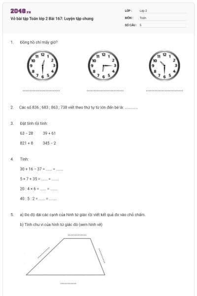 Vở bài tập Toán lớp 2 Bài 167: Luyện tập chung