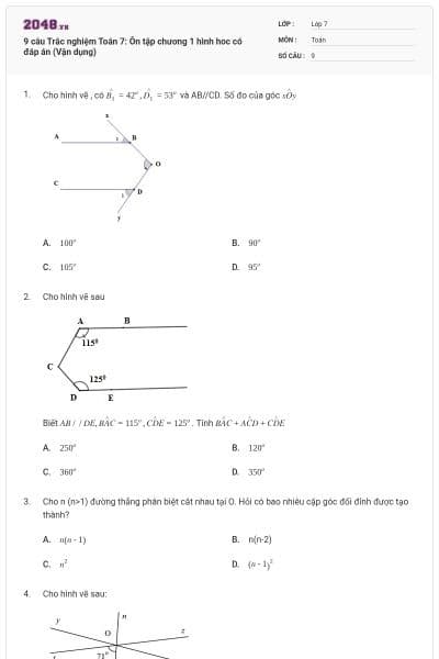 9 câu Trắc nghiệm Toán 7: Ôn tập chương 1 hình hoc có đáp án (Vận dụng)