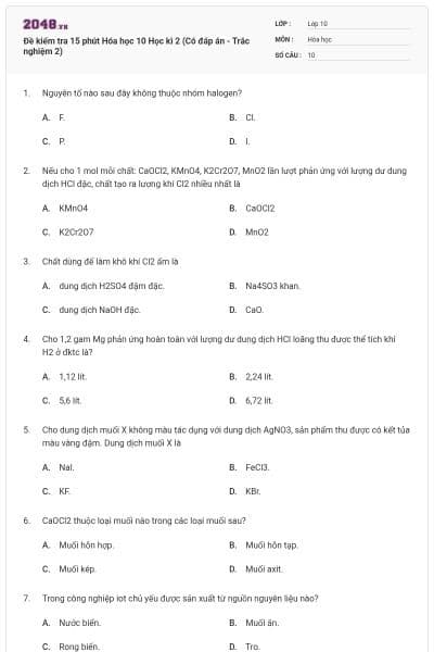 Đề kiểm tra 15 phút Hóa học 10 Học kì 2 (Có đáp án - Trắc nghiệm 2)