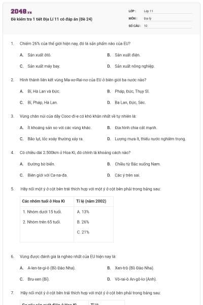 Đề kiểm tra 1 tiết Địa Lí 11 có đáp án (Đề 24)