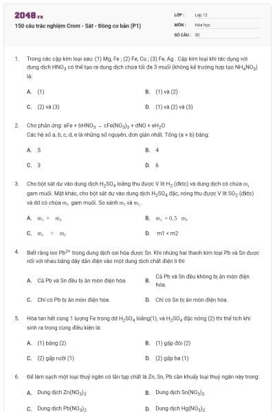 150 câu trắc nghiệm Crom - Sắt - Đồng cơ bản (P1)