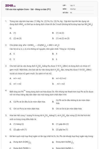 150 câu trắc nghiệm Crom - Sắt - Đồng cơ bản (P1)