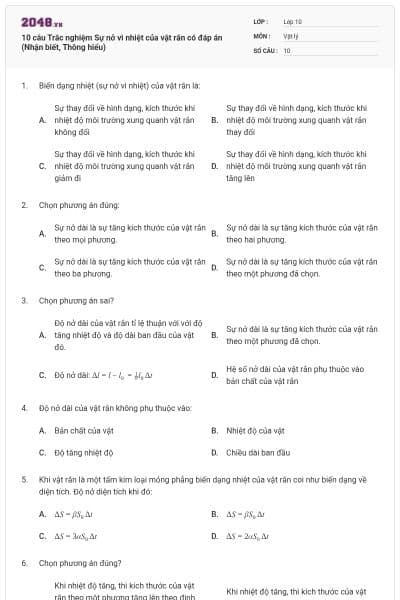 10 câu  Trắc nghiệm Sự nở vì nhiệt của vật rắn có đáp án (Nhận biết, Thông hiểu)