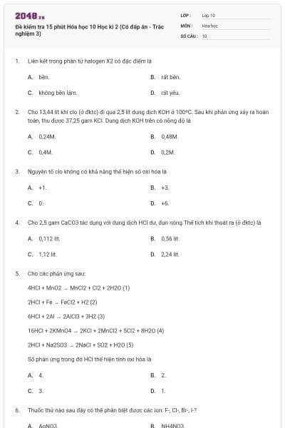 Đề kiểm tra 15 phút Hóa học 10 Học kì 2 (Có đáp án - Trắc nghiệm 3)