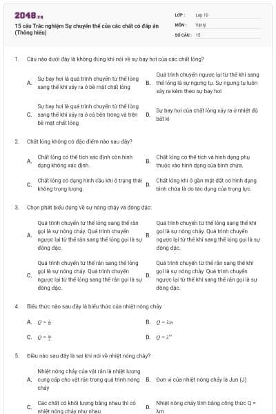 15 câu Trắc nghiệm Sự chuyển thể của các chất có đáp án (Thông hiểu)