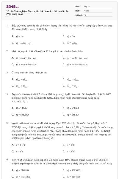 10 câu Trắc nghiệm Sự chuyển thể của các chất có đáp án (Vận dụng cao)