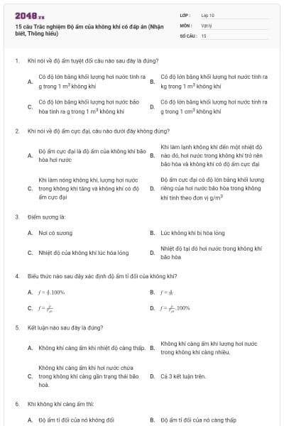 15 câu Trắc nghiệm Độ ẩm của không khí có đáp án (Nhận biết, Thông hiểu)