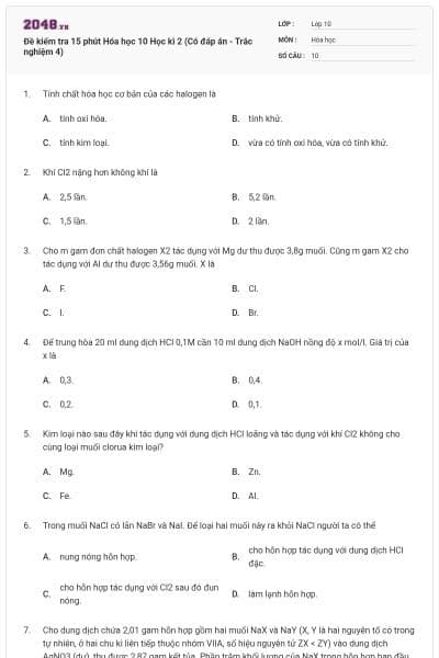 Đề kiểm tra 15 phút Hóa học 10 Học kì 2 (Có đáp án - Trắc nghiệm 4)