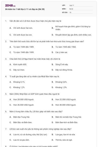 Đề kiểm tra 1 tiết Địa Lí 11 có đáp án (Đề 28)