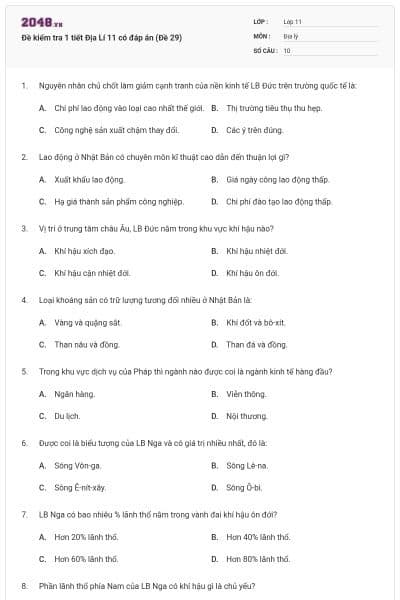 Đề kiểm tra 1 tiết Địa Lí 11 có đáp án (Đề 29)