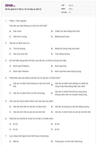 Đề thi giữa kì 2 Vật Lí 10 có đáp án (Đề 2)