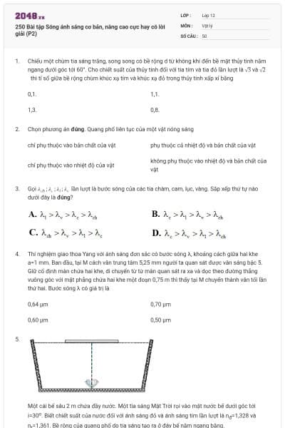 250 Bài tập Sóng ánh sáng cơ bản, nâng cao cực hay có lời giải (P2)