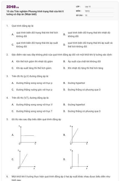 10 câu  Trắc nghiệm Phương trình trạng thái của khí lí tưởng có đáp án (Nhận biết)