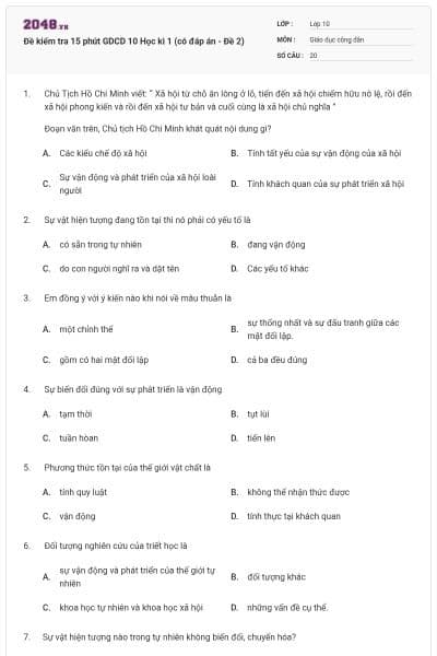 Đề kiểm tra 15 phút GDCD 10 Học kì 1 (có đáp án - Đề 2)