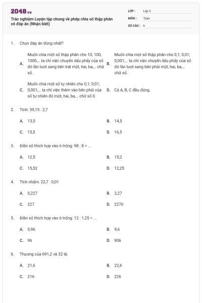 Trắc nghiệm Luyện tập chung về phép chia số thập phân có đáp án (Nhận biết)