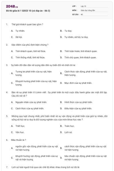 Đề thi giữa kì 1 GDCD 10 (có đáp án - Đề 3)