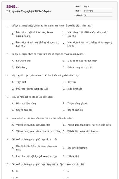 Trắc nghiệm Công nghệ 6 Bài 3 có đáp án