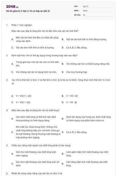 Đề thi giữa kì 2 Vật Lí 10 có đáp án (Đề 3)