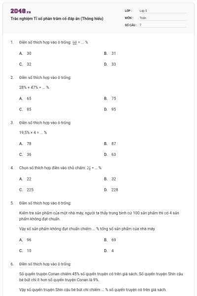 Trắc nghiệm Tỉ số phần trăm có đáp án (Thông hiểu)
