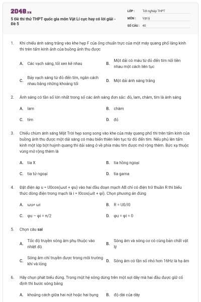 5 Đề thi thử THPT quốc gia môn Vật Lí cực hay có lời giải - Đề 5