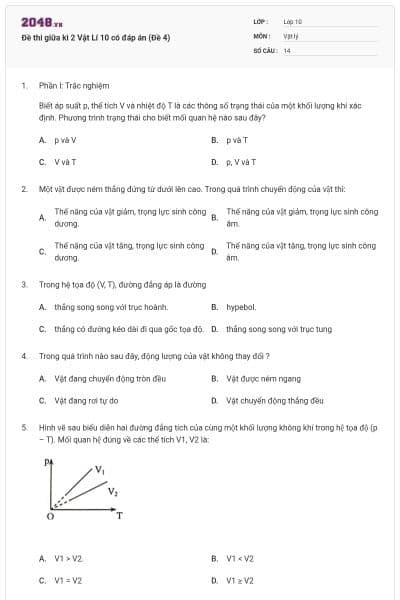 Đề thi giữa kì 2 Vật Lí 10 có đáp án (Đề 4)