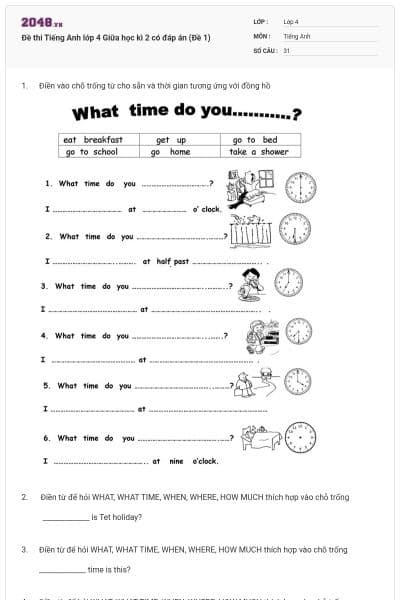 Đề thi Tiếng Anh lớp 4 Giữa học kì 2 có đáp án (Đề 1)