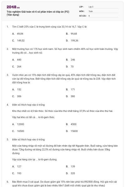 Trắc nghiệm Giải toán về tỉ số phần trăm có đáp án (P2) (Vận dụng)