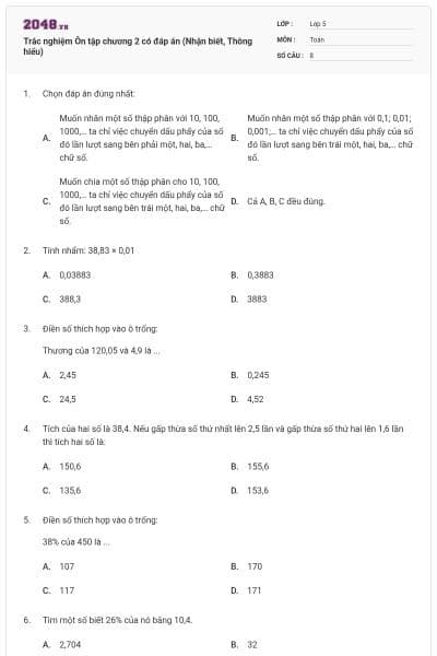 Trắc nghiệm Ôn tập chương 2 có đáp án (Nhận biết, Thông hiểu)