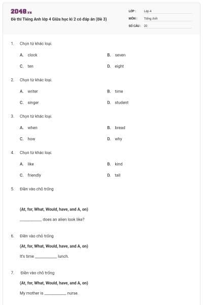 Đề thi Tiếng Anh lớp 4 Giữa học kì 2 có đáp án (Đề 3)