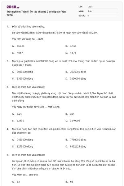 Trắc nghiệm Toán 5: Ôn tập chương 2 có đáp án (Vận dụng)